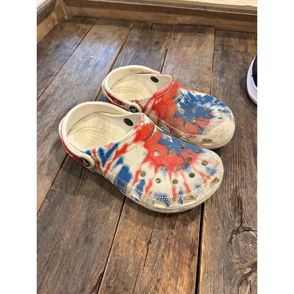 Crocs red, white and blue tie-dye slides
